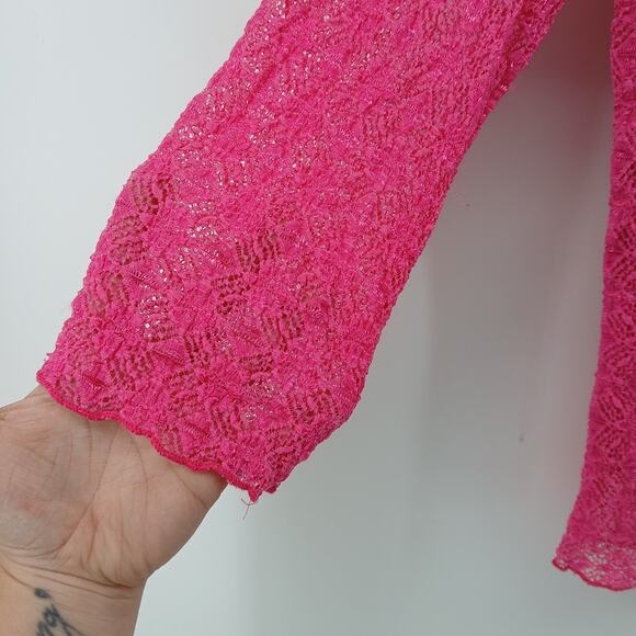 True Y2K Britney Black Pink Sheer Lace 3/4 Sleeve Top Petite SM Coquette Fairy - Picture 2 of 9